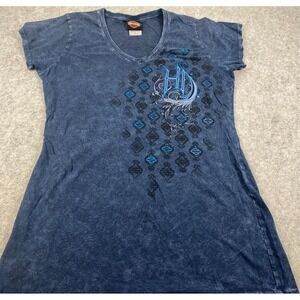 Harley-Davidson Womens Blue Acid Wash Pig Trail Arkansas V-Neck T-Shirt Large